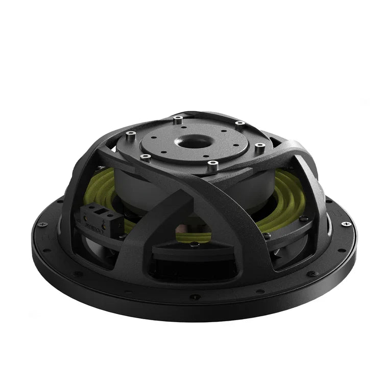10-inch DVC subwoofer with exposed green coil and black frame