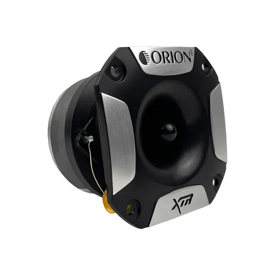 Black bullet tweeter with silver accents, yellow terminal lead and side mounting holes