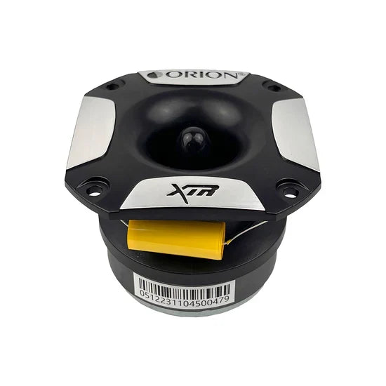 Car bullet tweeter top view, black housing with yellow capacitor label and text