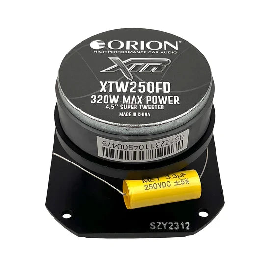 Orion XTW250FD super tweeter, printed label and yellow capacitor lead