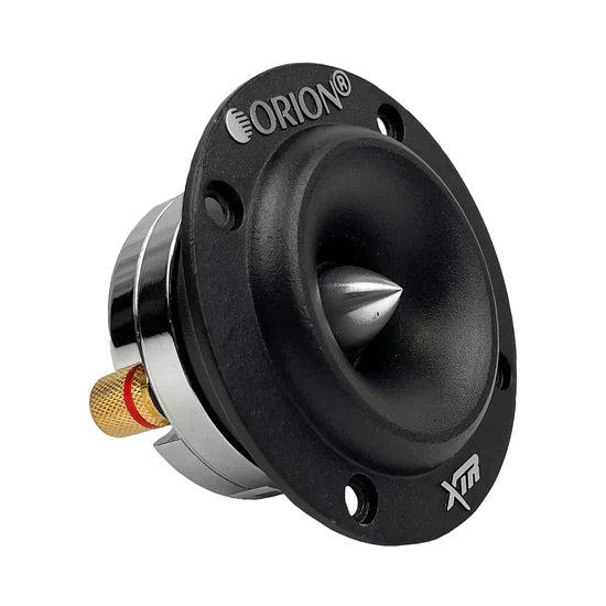 Angle view of black Orion bullet tweeter speaker with gold terminal connector