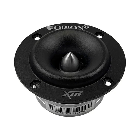 Black Orion bullet tweeter speaker viewed from front with center dome and XTR mark