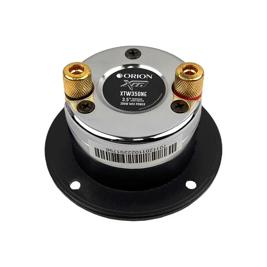 Orion bullet tweeter speaker with gold terminals and silver label on the front