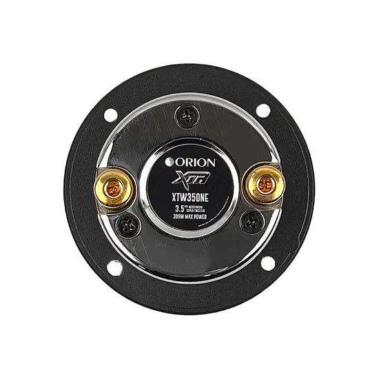 Black bullet tweeter speaker front with gold binding posts and XTR badge