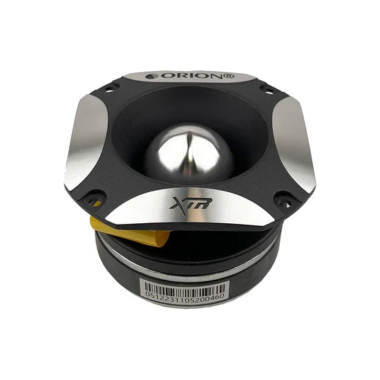 ORION XTR super bullet tweeter top view with silver grille and yellow terminal