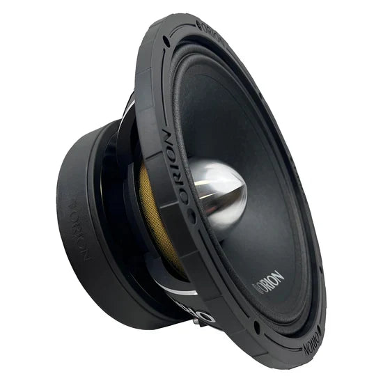 Black Orion 10-inch midrange speaker shown from side, with silver dust cap