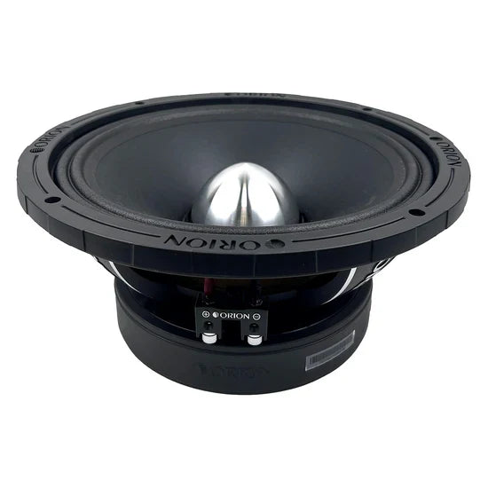 Black bullet midrange speaker with silver dust cap and rear basket shown