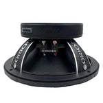 Black bullet midrange speaker underside with mounting basket and terminal plate