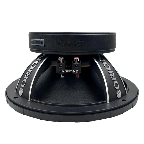 Black Orion 10-inch midrange speaker underside with terminal connectors and frame