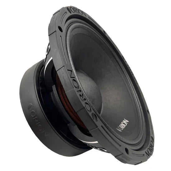 10 in midrange speaker driver side view, black cone and frame with Orion marking