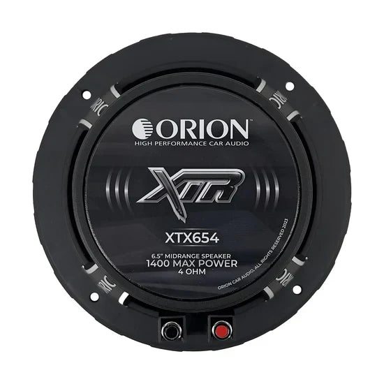 Black 6.5" midrange speaker rear label with XTR and ORION text, binding posts below