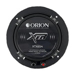 Black 6.5" midrange speaker rear label with XTR and ORION text, binding posts below