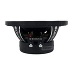 Black 6.5" midrange speaker basket with visible connectors and terminals, underside view