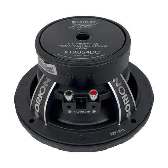 Orion 6.5" midrange speaker back with binding posts, red terminal, and black label
