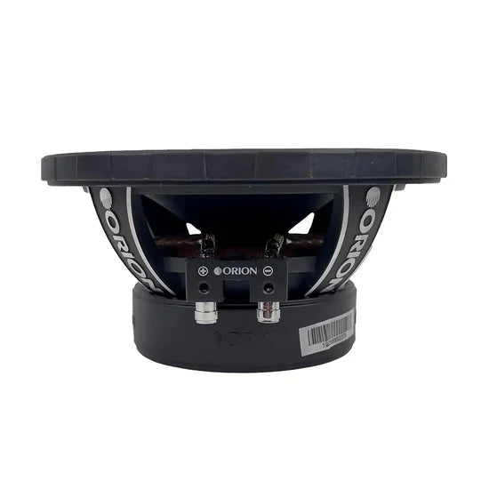 Orion 6.5" midrange speaker underside with wiring terminals and metal bracket