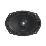 Black 6x9 midrange speaker with visible cone and mounting screws, front view