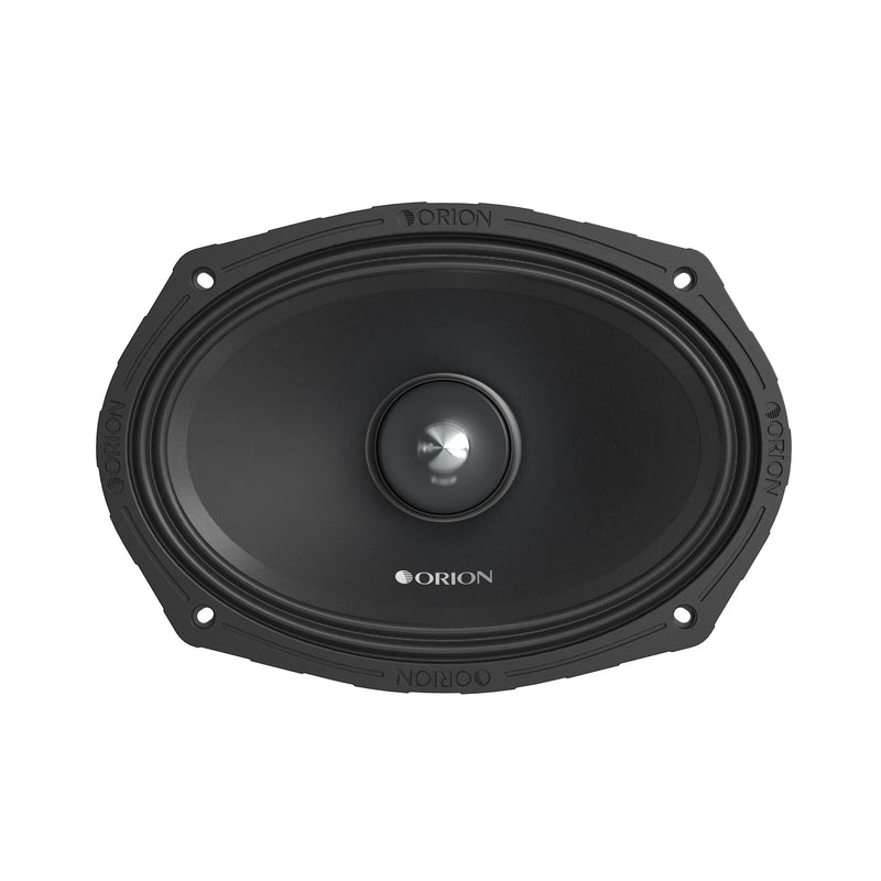 Black 6x9 midrange speaker with visible cone and mounting screws, front view