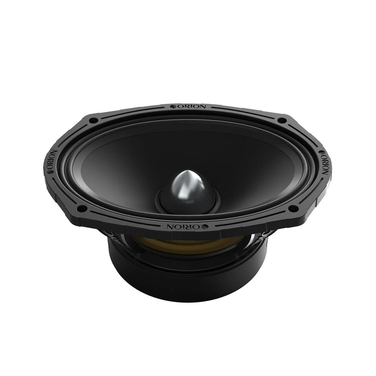 Black 6x9 midrange speaker with silver dust cap and surround ring, side view