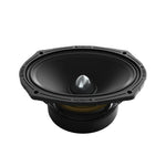Black 6x9 midrange speaker with silver dust cap and surround ring, side view