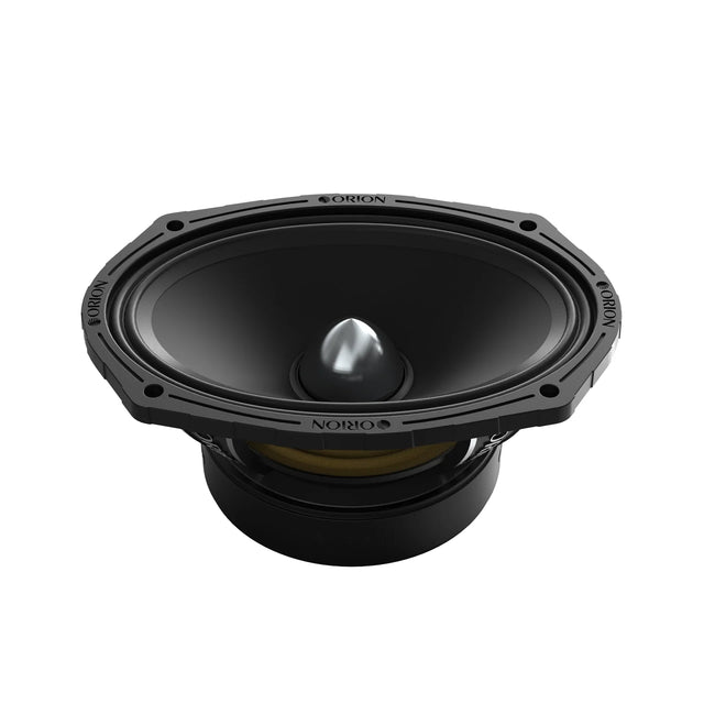 Black 6x9 midrange speaker with silver dust cap and surround ring, side view