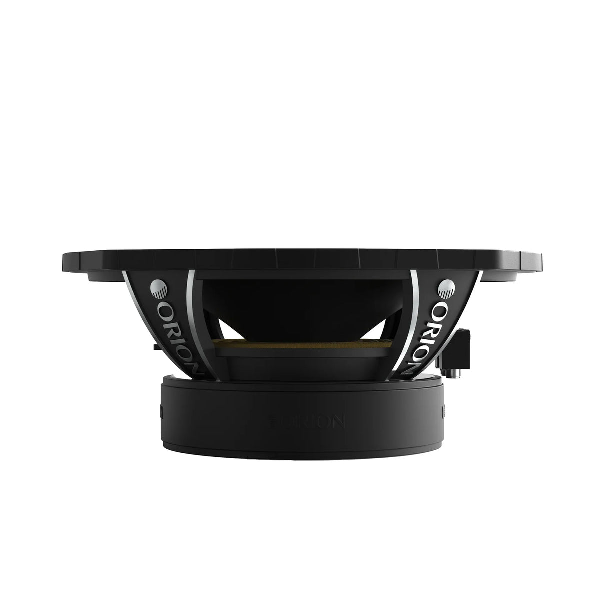Black 6x9 midrange speaker driver viewed from the front edge, showing basket