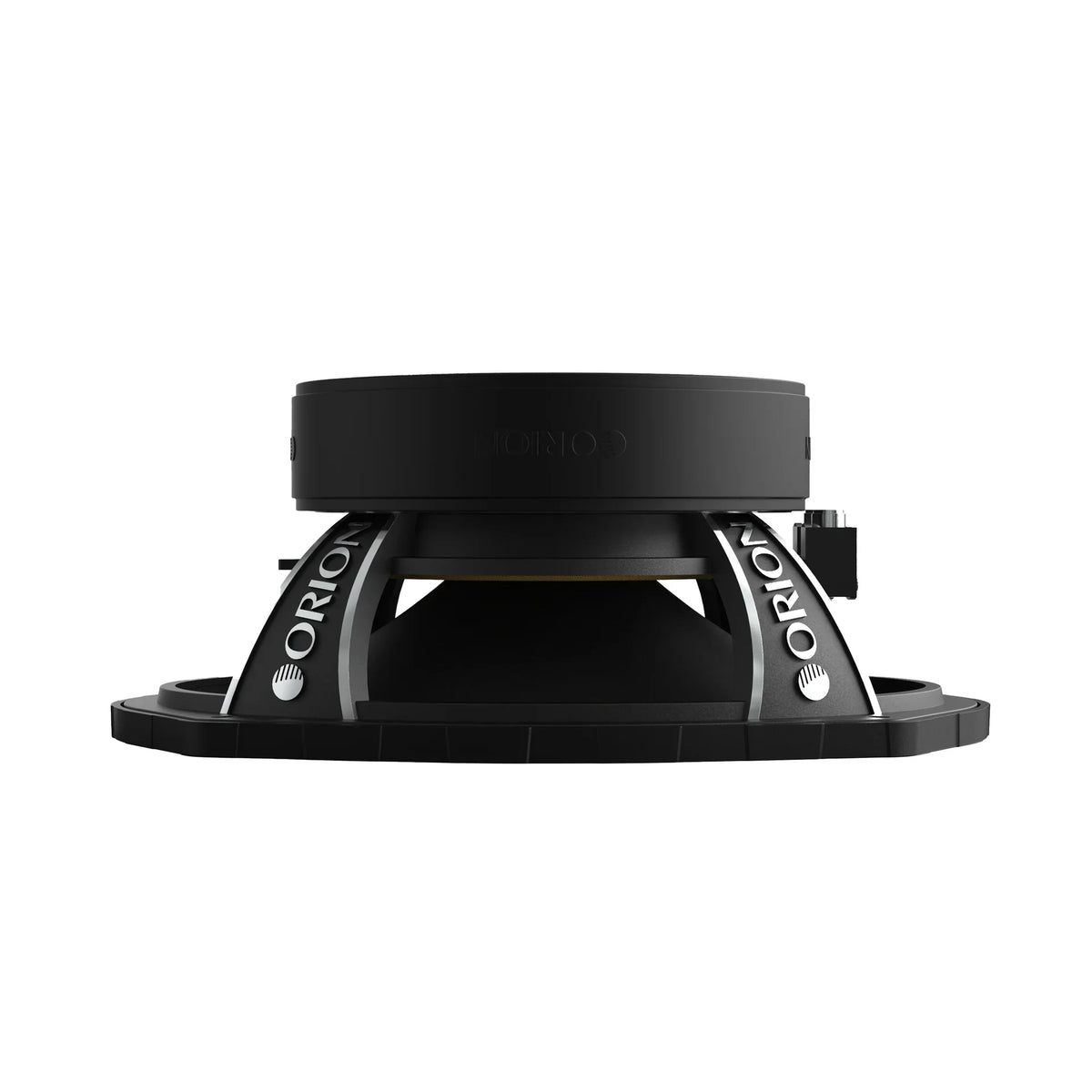 Black 6x9 midrange speaker basket with mounting tabs, underside side profile