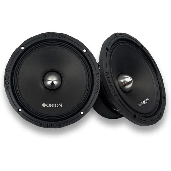 Pair of black midrange car speakers with ORION logo and silver dome cones