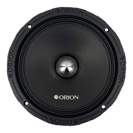 Black 8-inch midrange speaker with ORION branding and silver center dome