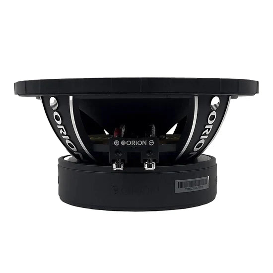 Black midrange speaker back view with exposed terminals and mounting basket
