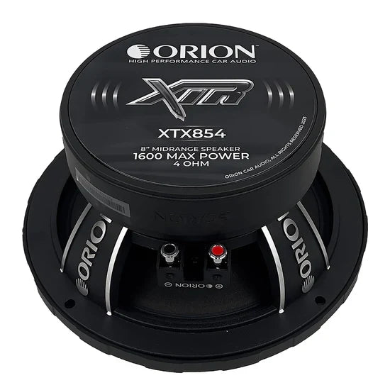 Black Orion XTX854 8-inch midrange speaker with XTX logo and specs on cap
