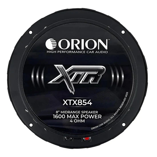 Black midrange speaker with ORION logo, XTX badge, and silver dome cone