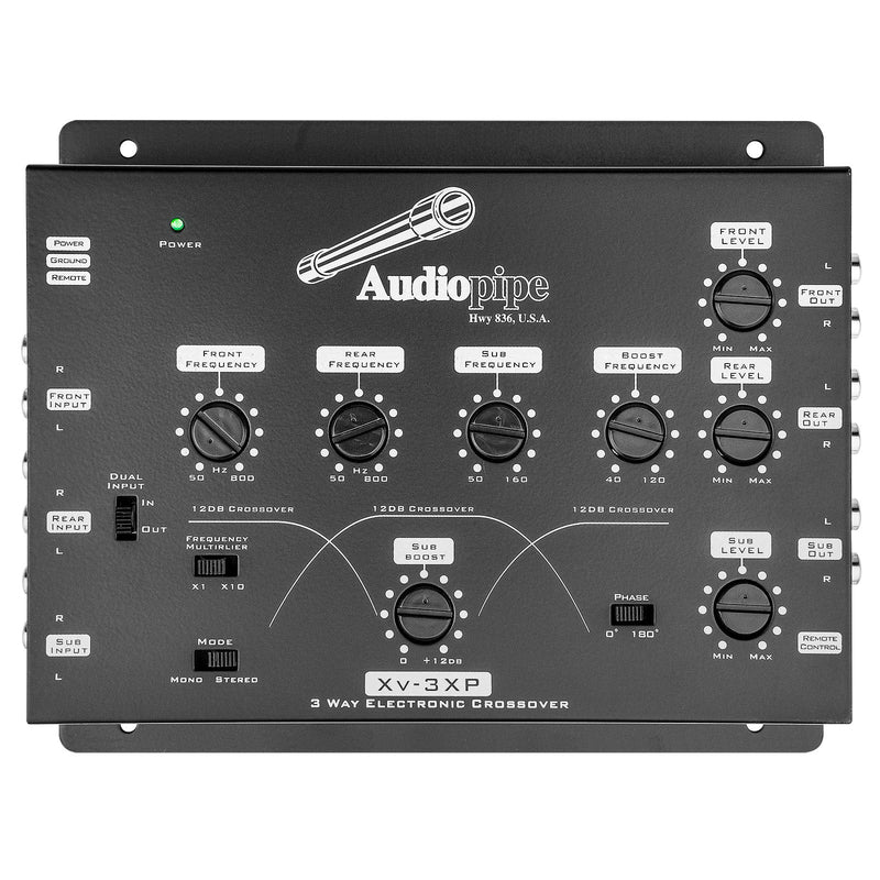 Black Audiopipe 3-way electronic crossover with front panel knobs and frequency controls