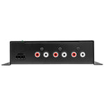 Black crossover rear panel with RCA jacks (red and white) and power/connection port