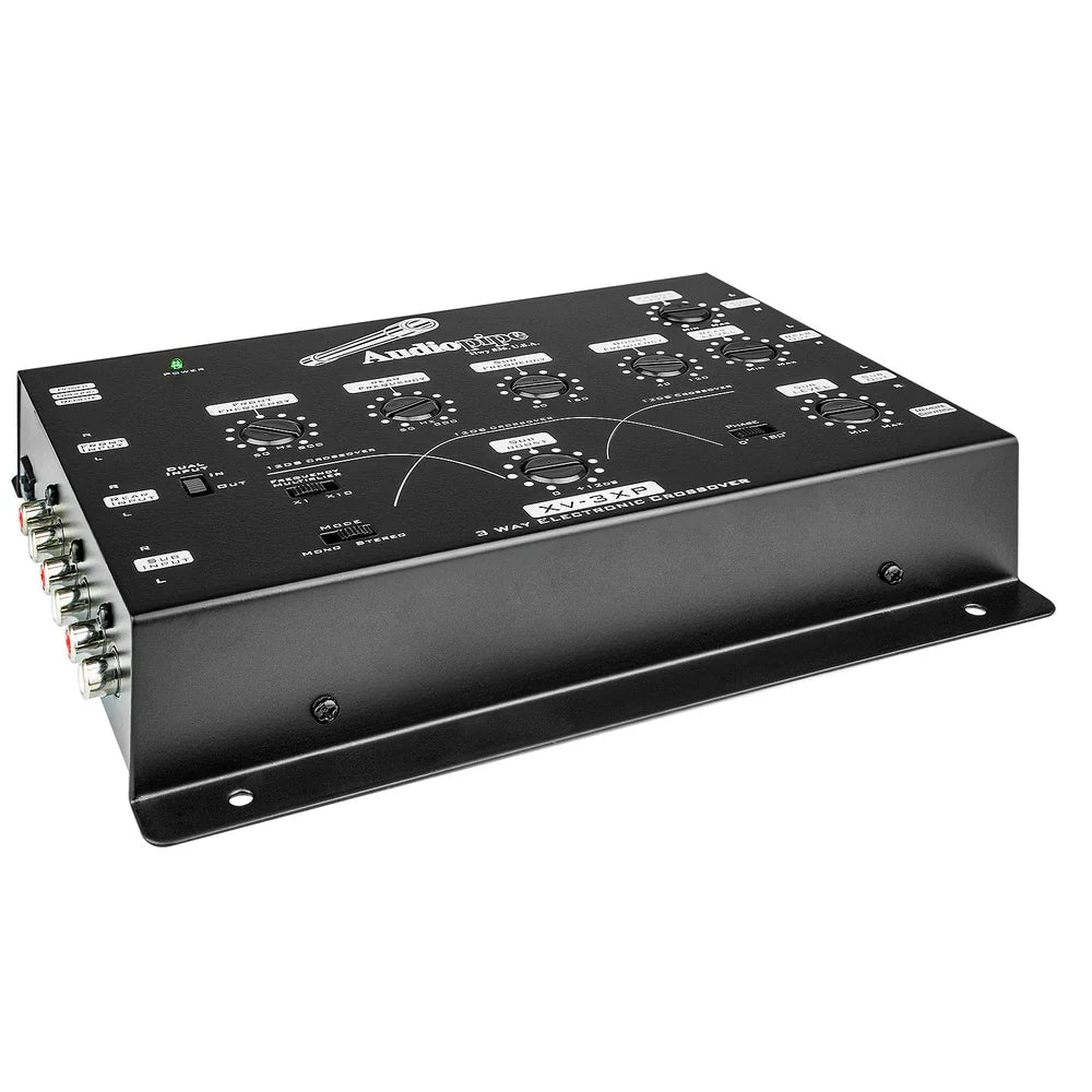 Black Audiopipe 3-way electronic crossover from three-quarter angle with control labels