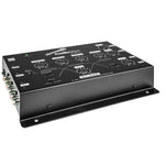 Black Audiopipe 3-way electronic crossover from three-quarter angle with control labels