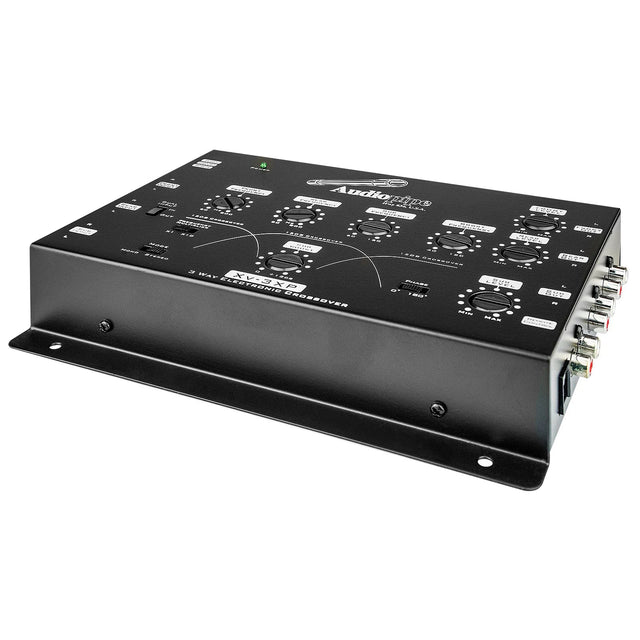 Black Audiopipe 3-way electronic crossover showing top control panel and side connectors