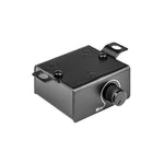 Black electronic crossover module with adjustment knob labeled Min and mounting bracket