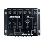4-way active crossover audio unit with front panel knobs and control switches