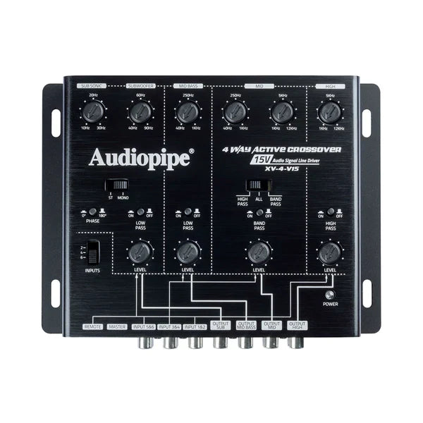 4-way active crossover audio unit with front panel knobs and control switches