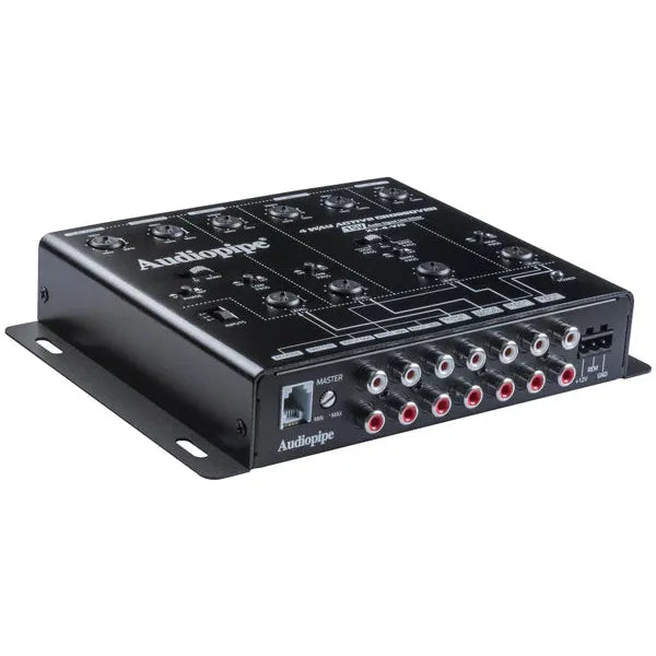 4-way active crossover audio unit angled view with RCA output ports on rear panel