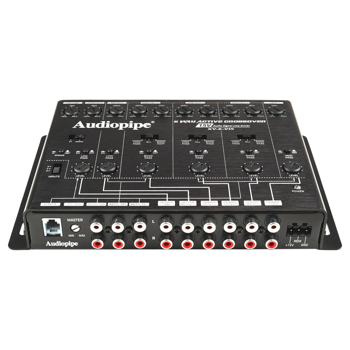 Black active crossover front panel with master section ports and rotary frequency knobs