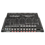 Black active crossover front panel with master section ports and rotary frequency knobs