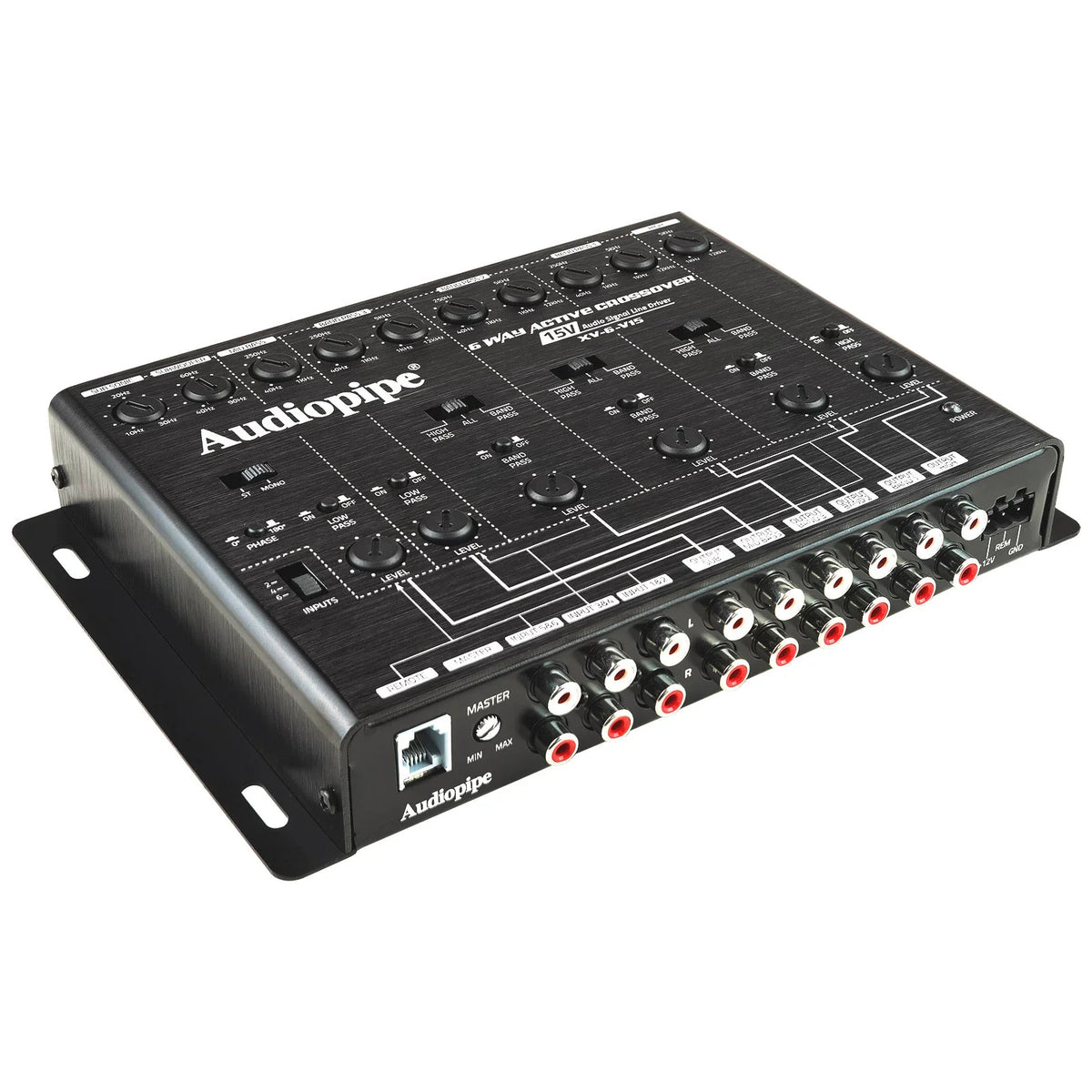 Black active crossover unit angled view with rotary controls and signal routing labels