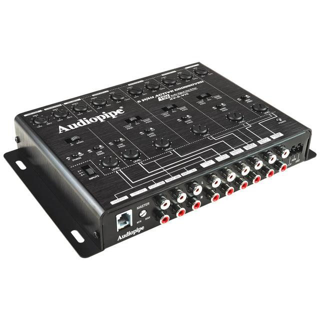 Black active crossover unit angled view with rotary controls and signal routing labels
