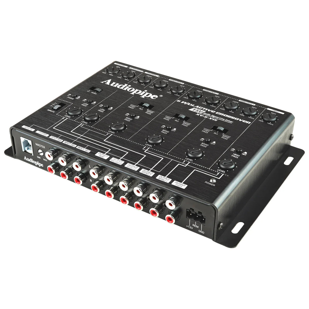 Black active crossover angled front with red/white RCA input/output ports and knobs