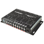 Black active crossover angled front with red/white RCA input/output ports and knobs