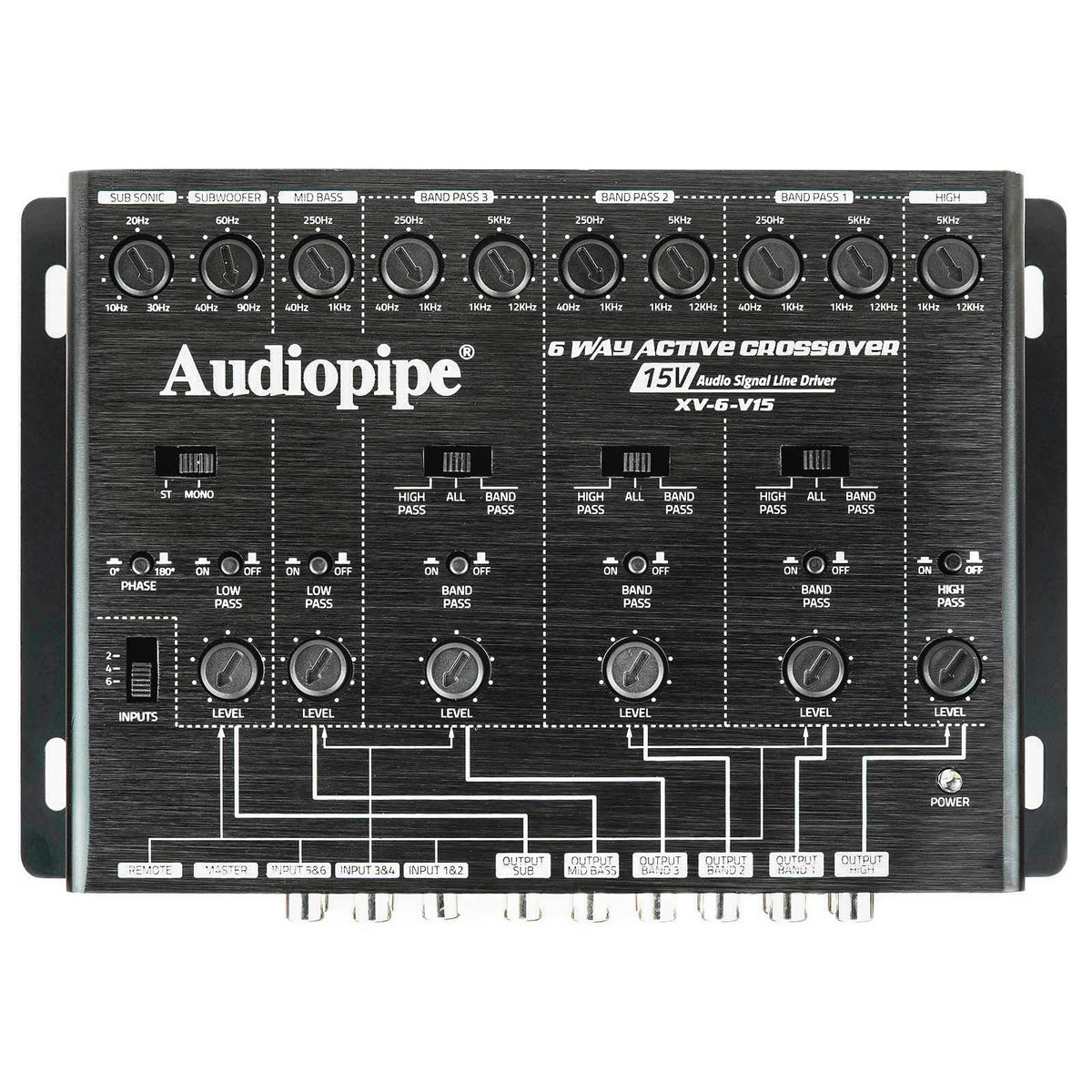 Black 6-way active crossover with multiple rotary knobs and labeled frequency controls