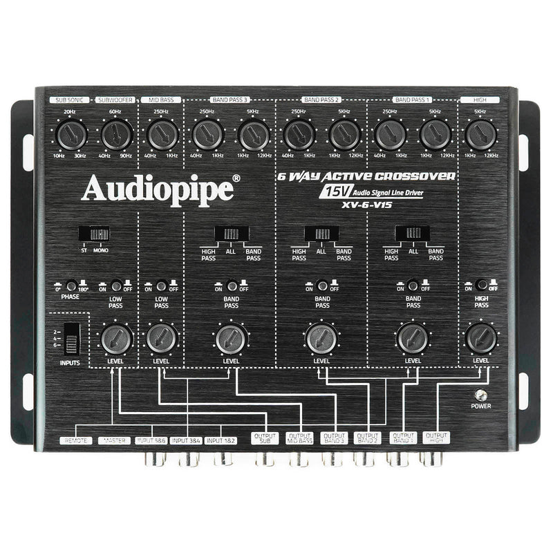 Black 6-way active crossover with multiple rotary knobs and labeled frequency controls