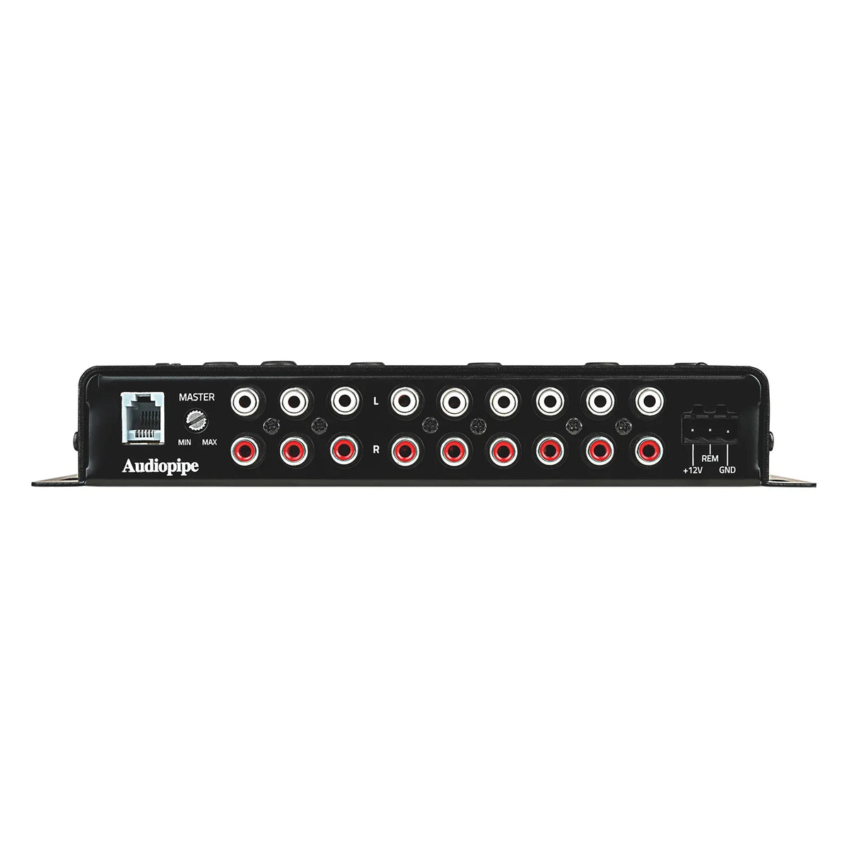 Black active crossover rear panel with Ethernet-style port and red/white RCA jacks