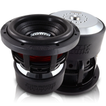 8-inch Sundown Audio subwoofer with black cone and red surround, close-up